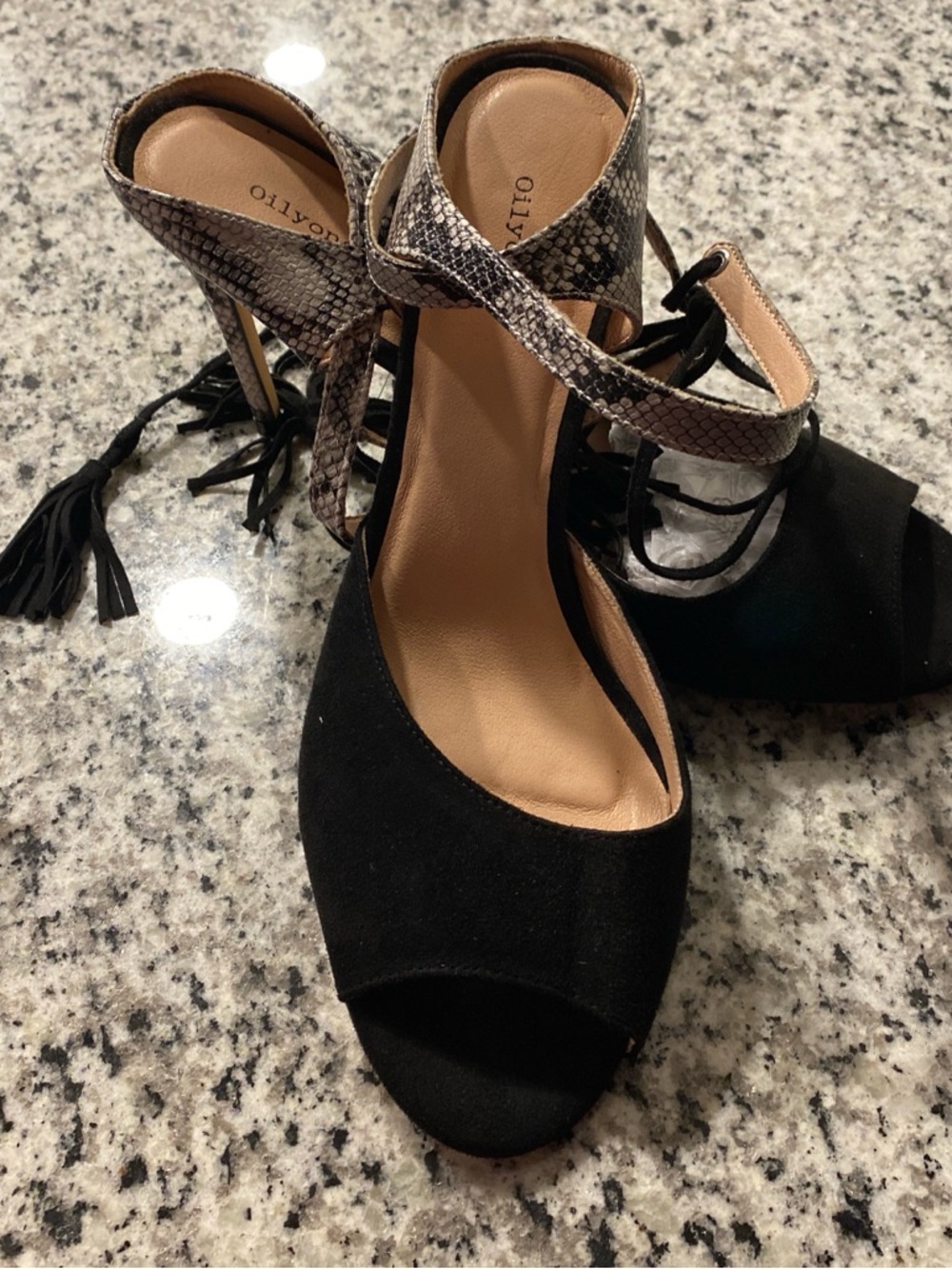 Ollio Black Suede Open-Toe Heels with Snake-Print Ankle Wrap